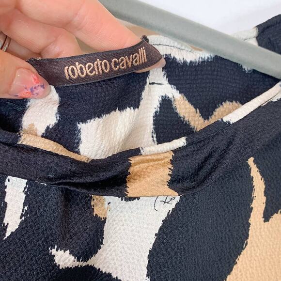 ROBERTO CAVALLI satin silk animal print top balloon flared sleeve y2k 90s - Picture 6 of 13